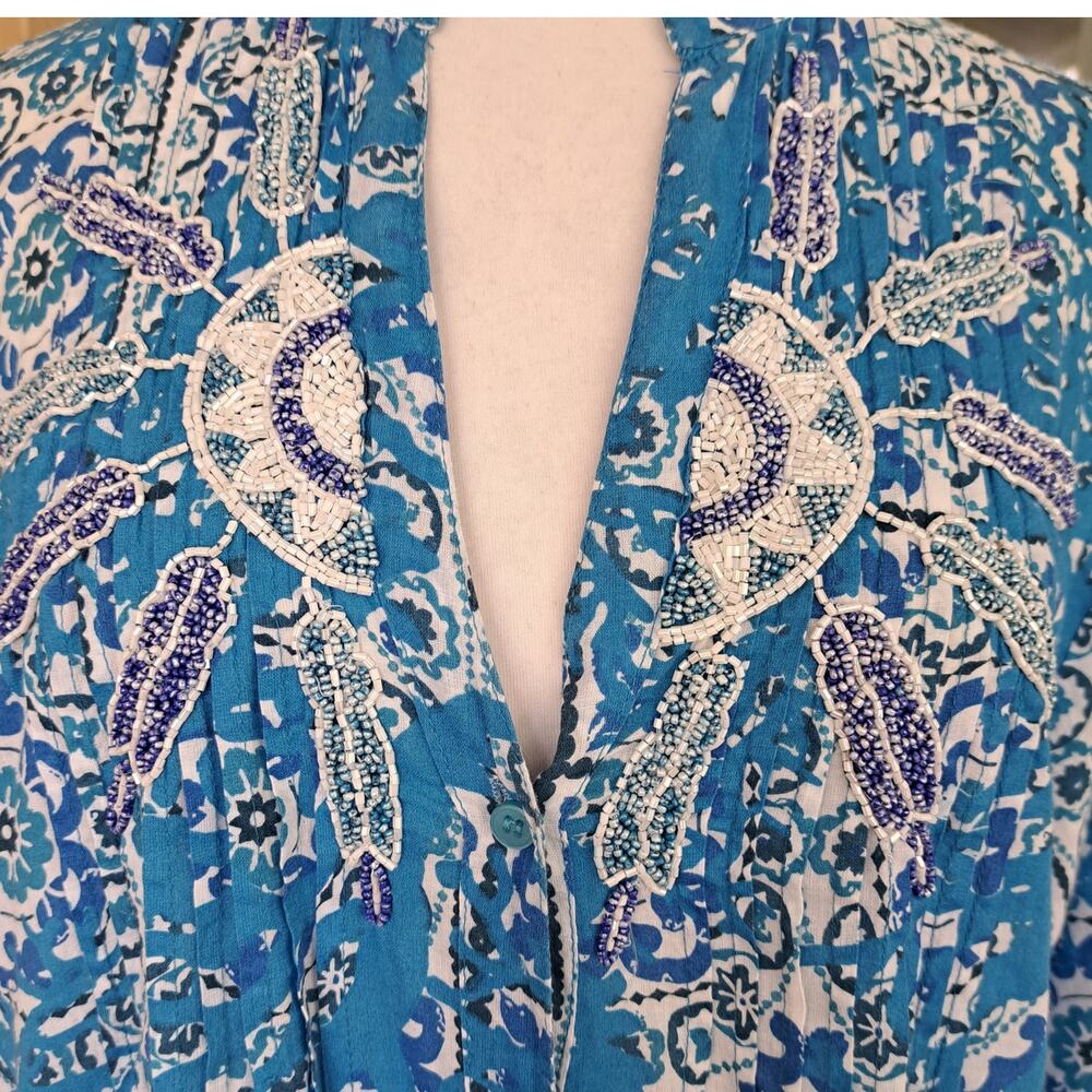 ANTICA SARTORIA Mini Dress L/XL Turquoise Beaded Pintuck Tunic Resort Beach Boho - Picture 8 of 13